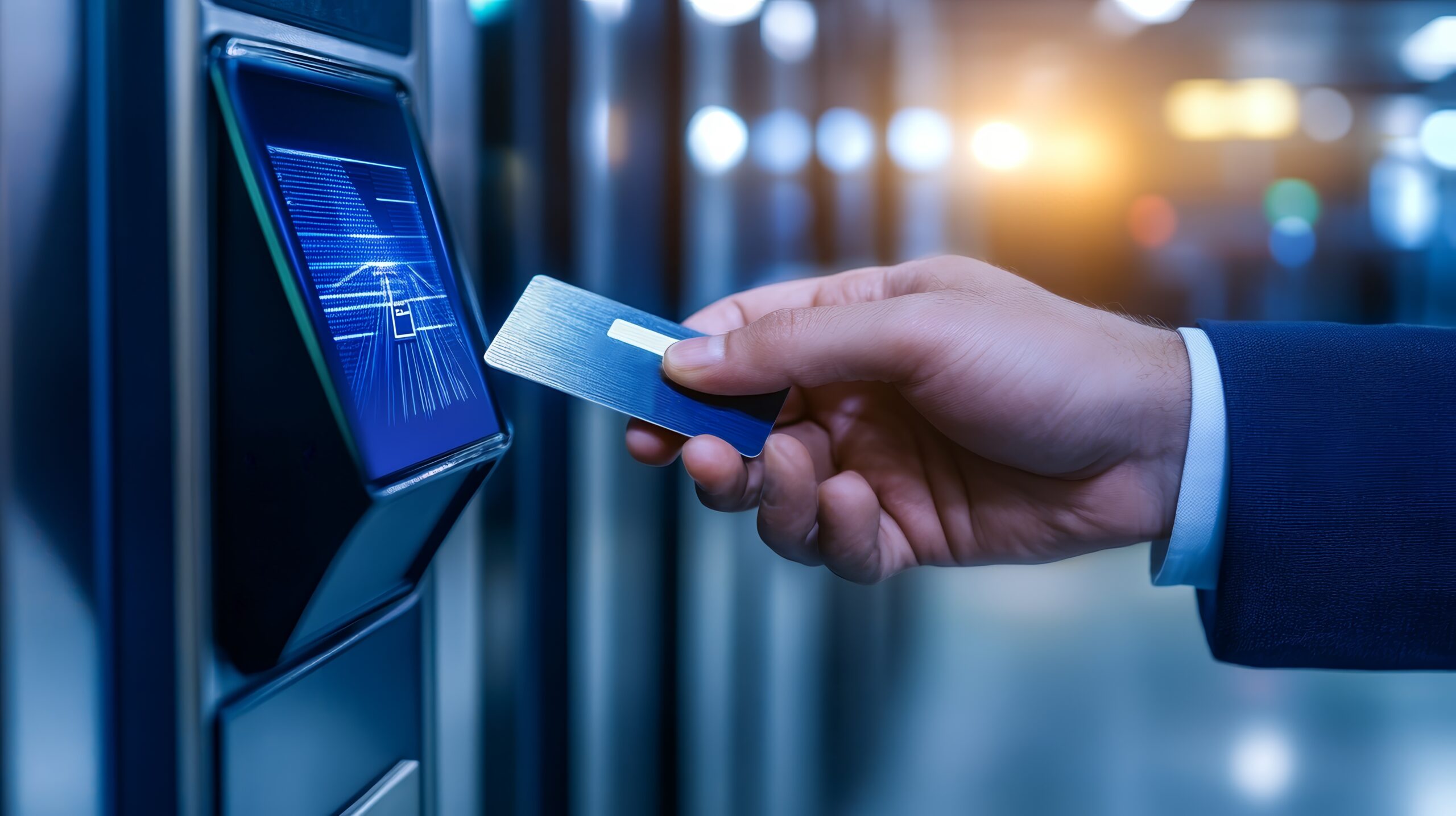 A hand using a card on a digital reader at a transport or access control system.